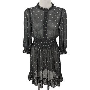 Maje Rythonoeud Black White Bow Print Ruffle Hem Mini Dress 38